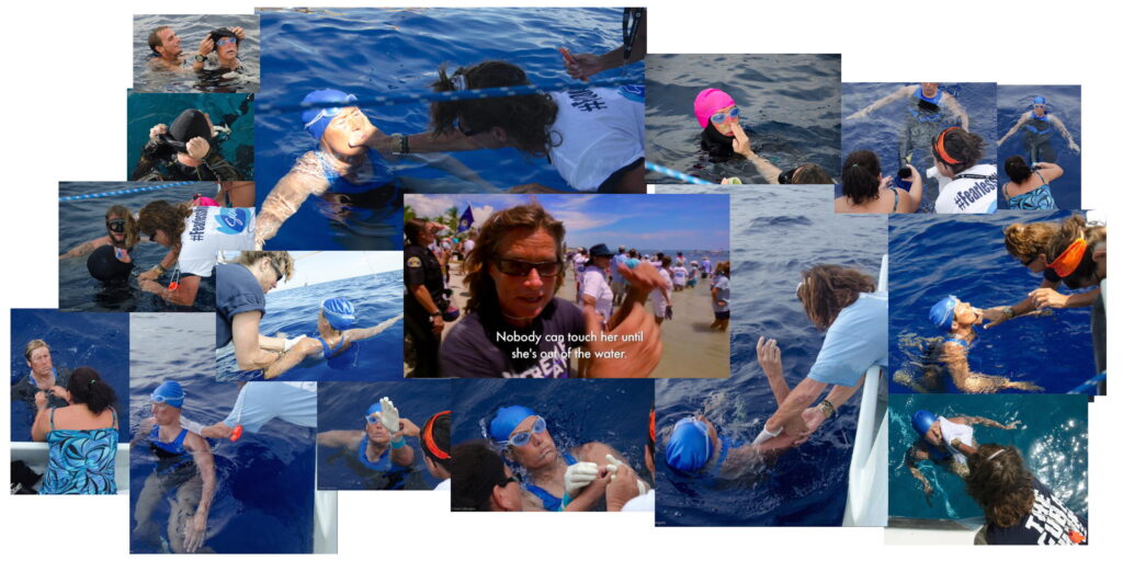 Images from Diana Nyad's Cuba-Florida crossing showing multiple instances of her crew touching her, breaking the cardinal rule of marathon swimming.