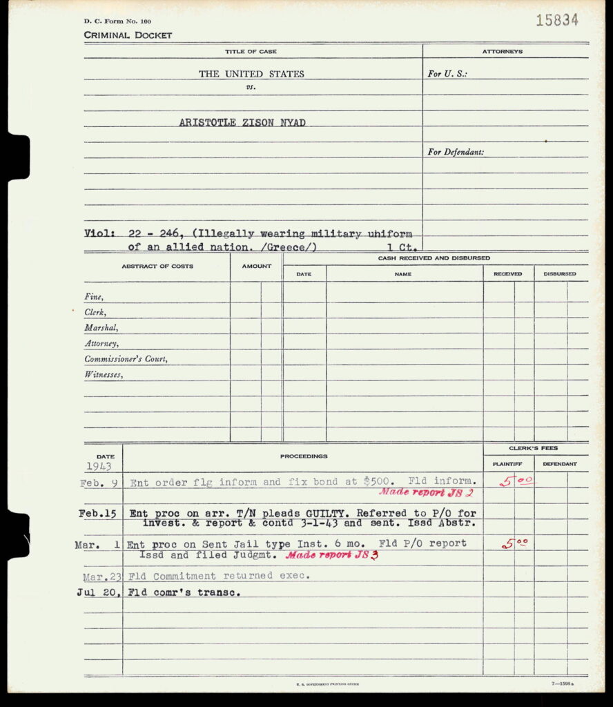 Aristotle Z. Nyad's criminal docket from his 1943 Beverly Hills arrest.