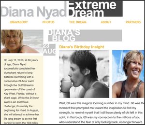 This archived index page from Diana Nyad's deleted blog shows the words "Diana's Blog" and part of a post from her 60th birthday.